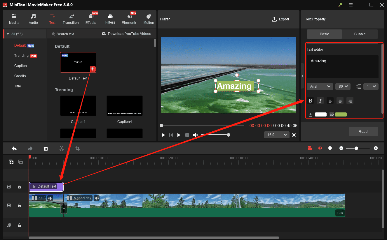 MiniTool MovieMaker interface showing how to add and edit captions.