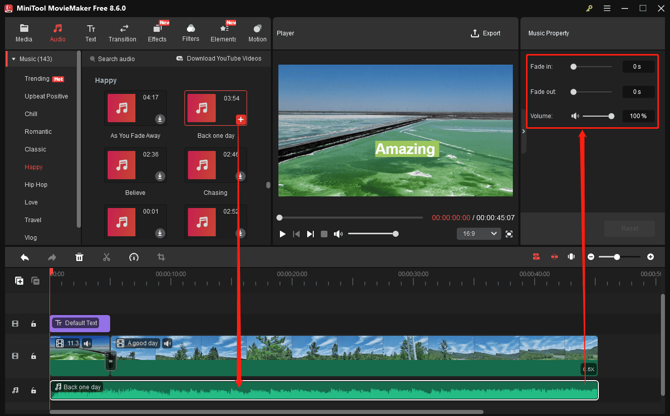 MiniTool MovieMaker interface showing how to add and edit music for the video.