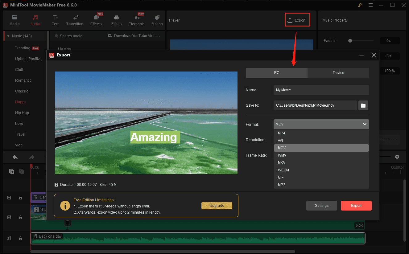 MiniTool MovieMaker interface showing how to open the export window and set MOV to the output format.