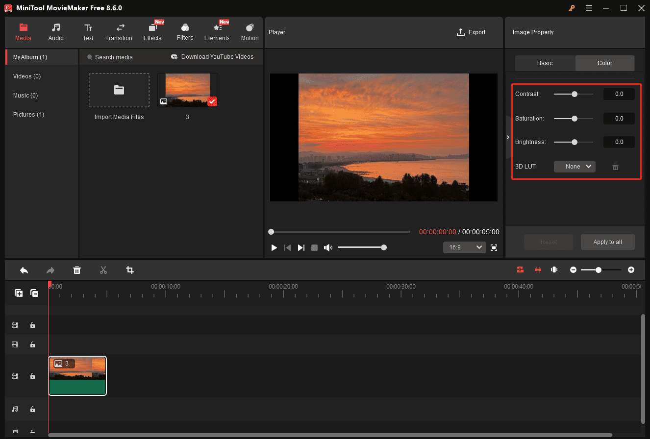 MiniTool MovieMaker interface with the selected color adjustment tools on the right panel.