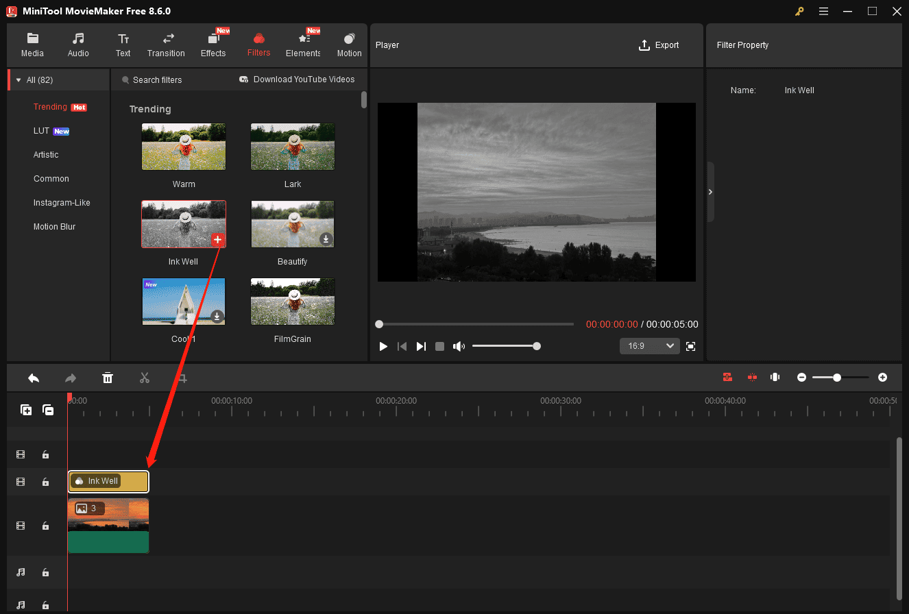 MiniTool MovieMaker interface showing how to add a filter to a photo.
