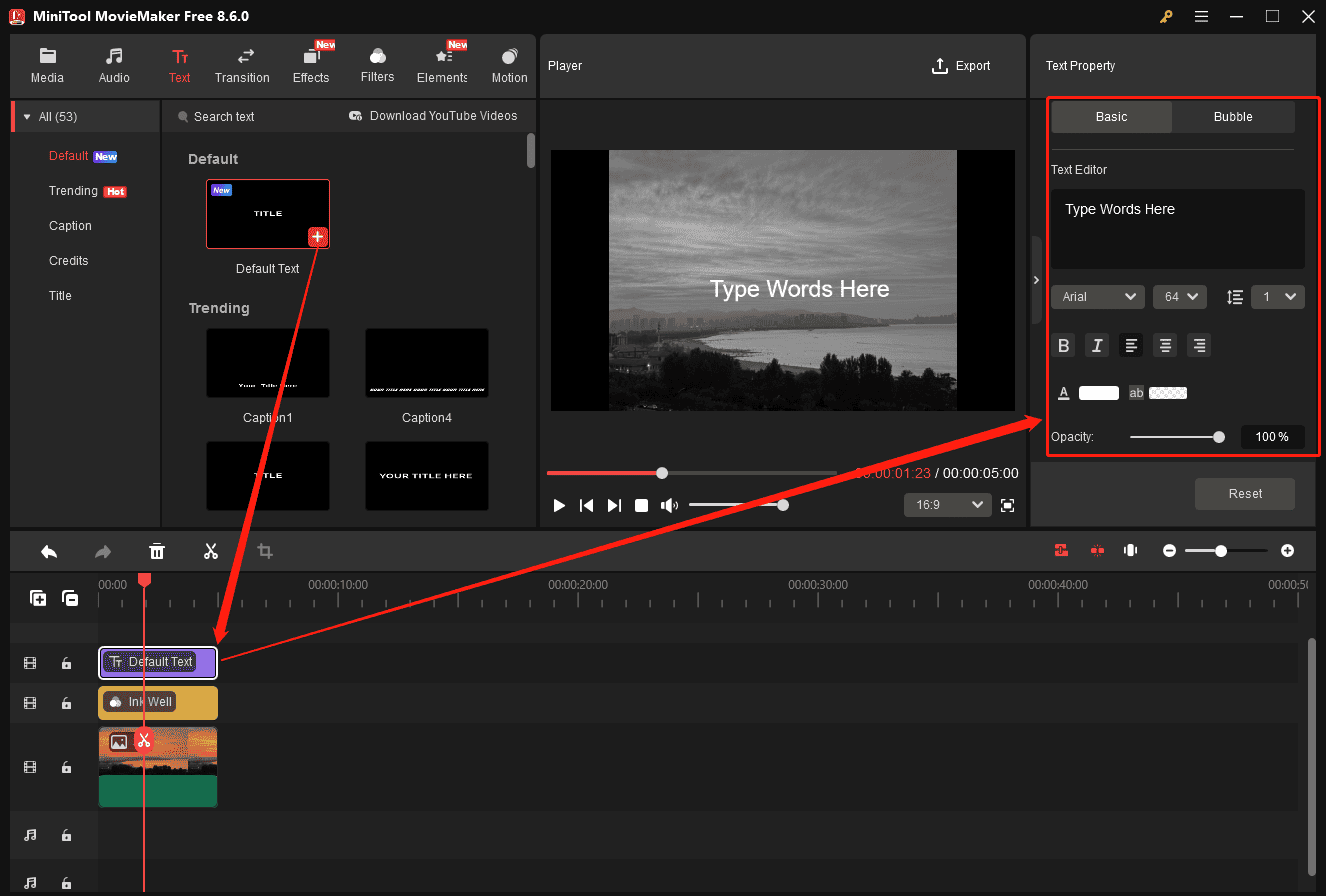 MiniTool MovieMaker interface showing how to add and edit captions.
