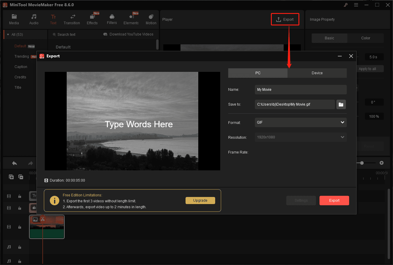 MiniTool MovieMaker interface showing how to open the Export window and export a GIF.
