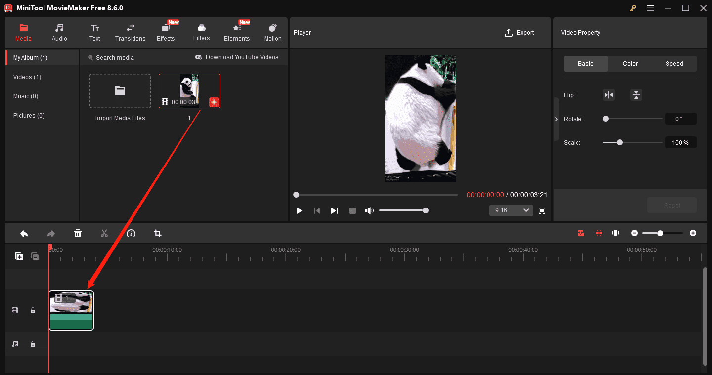 Alt=MiniTool MovieMaker interface showing how to add a GIF to the timeline.