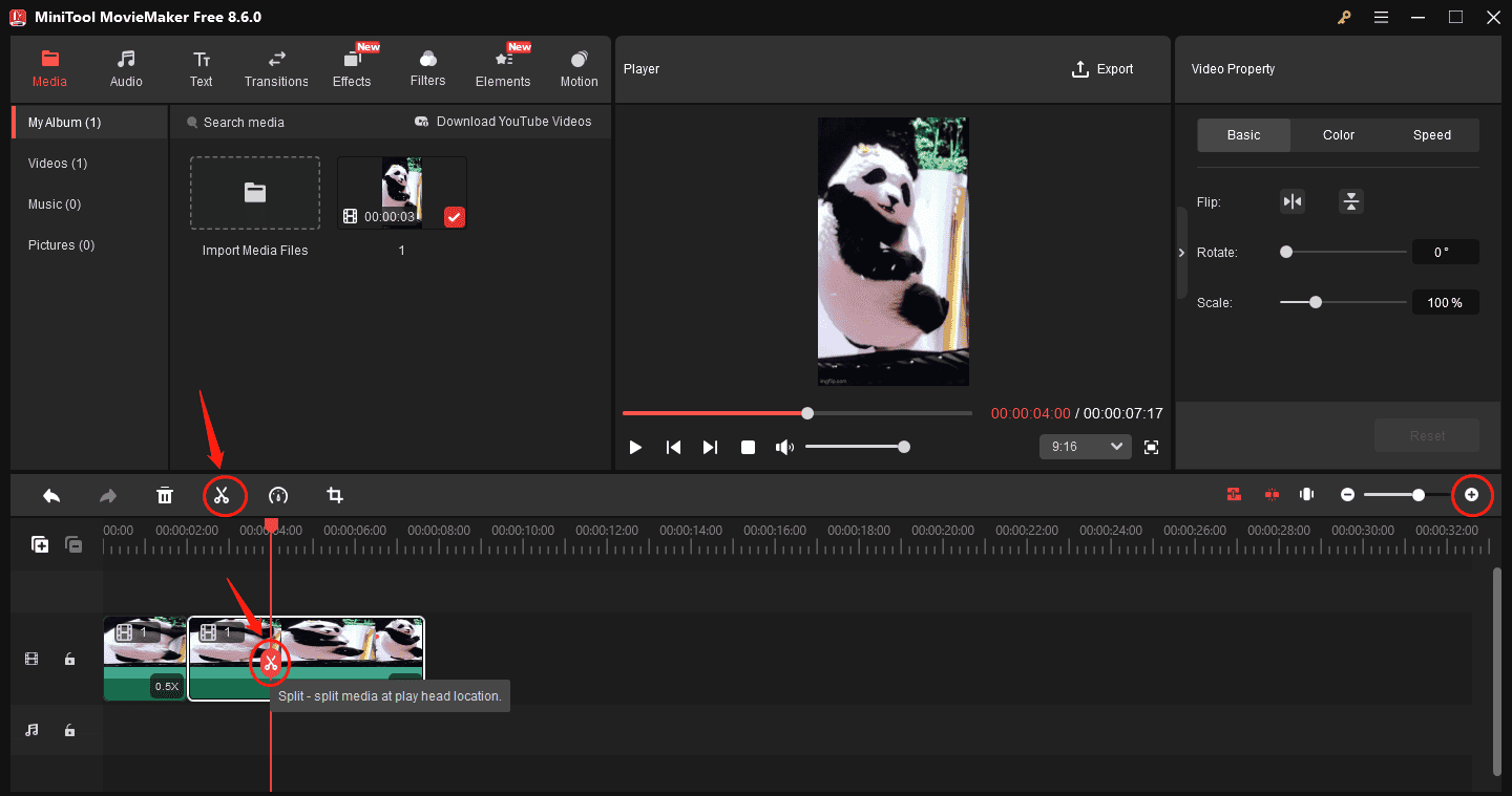 MiniTool MovieMaker interface with the selected Zoom in icon and showing how to split a GIF into segments.