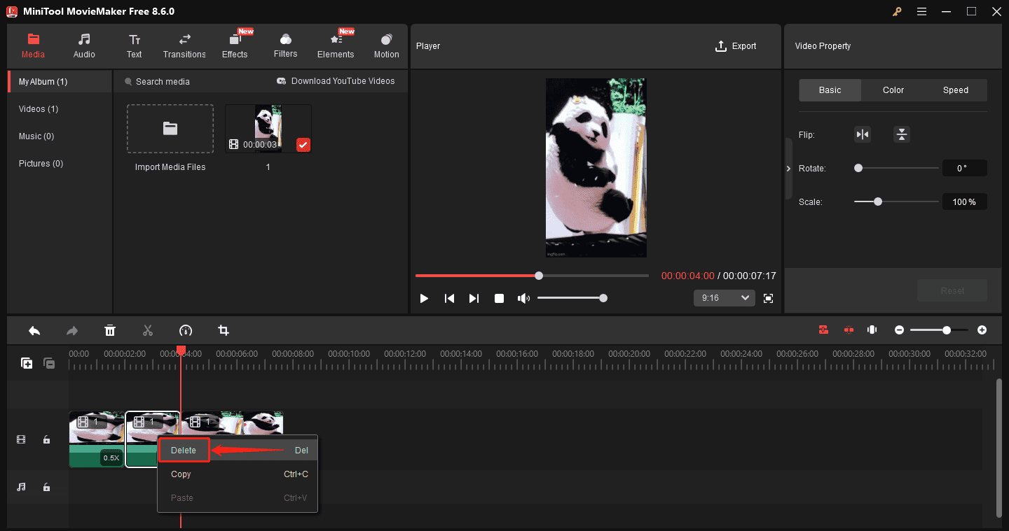 MiniTool MovieMaker interface showing how to delete a clip on the timeline.