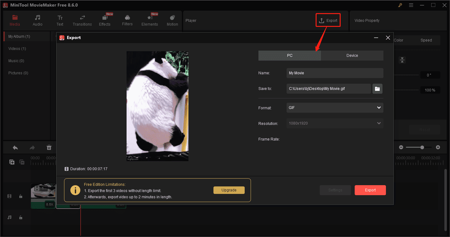 MiniTool MovieMaker interface showing how to export a GIF.