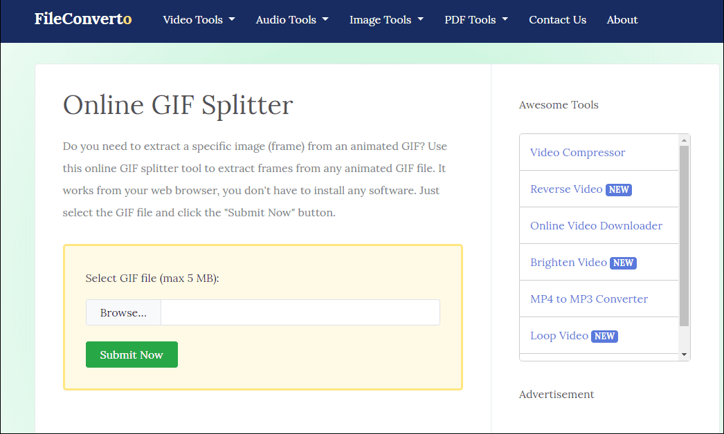 FileConverto's GIF splitter interface.