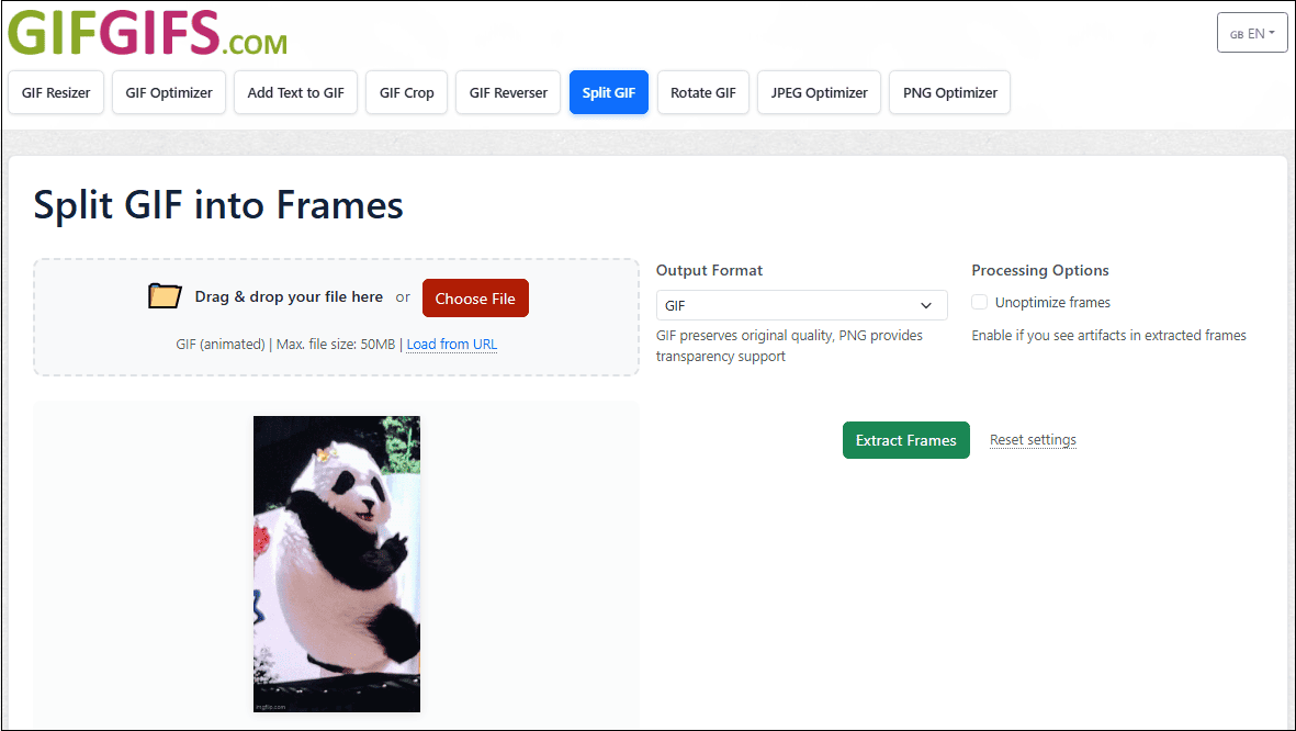The GIF splitter interface on GIFGIFS.com.