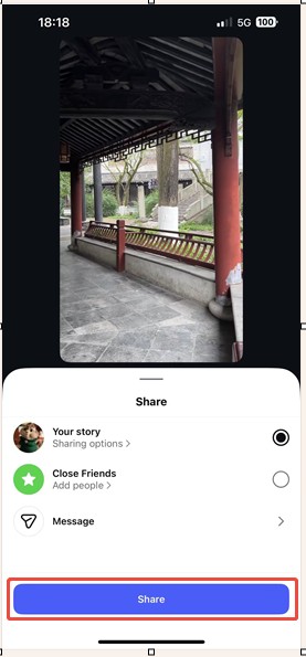 Instagram story video processing page with the Share button highlighted