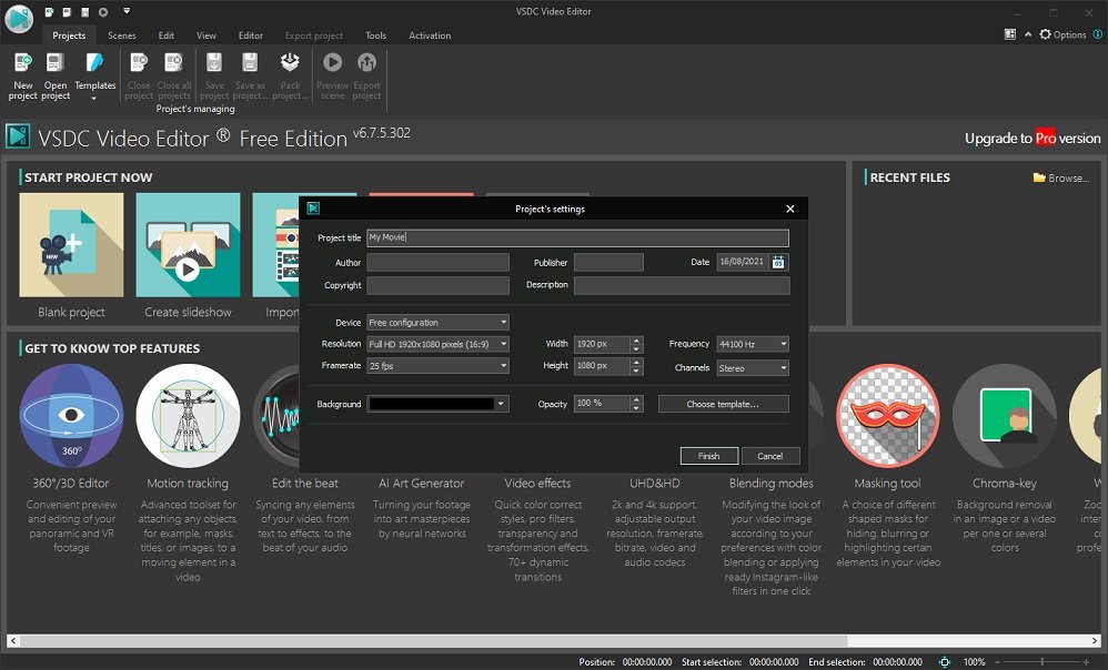 VSDC Video Editor interface showing the project's settings window.