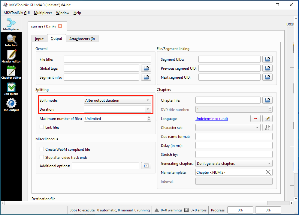 MKVToolnix Output tab showing the selected split mode and duration options.