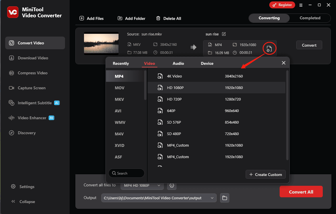 MiniTool Video Converter interface showing how to choose the output format.