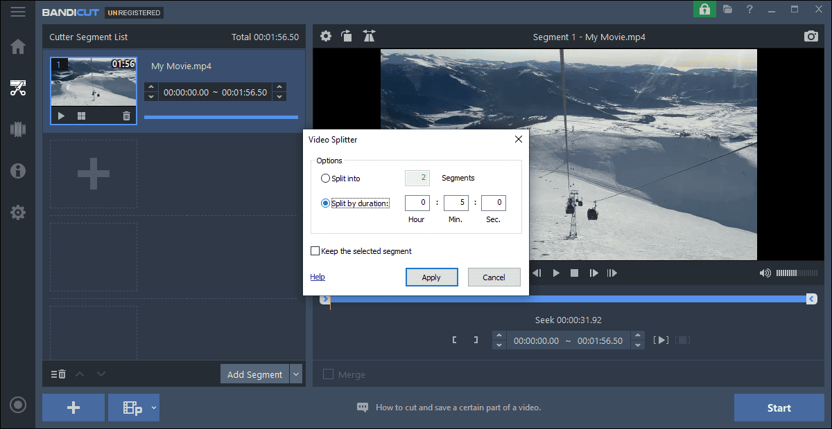 Bandicu interface showing the video splitter window that offers two ways to split a video.