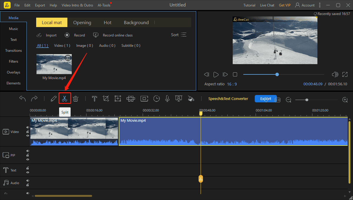 Beecut interface showing how to split a video.