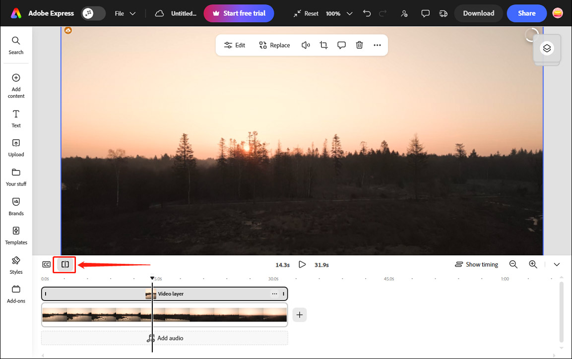 Adobe Express interface showing how to split a video.