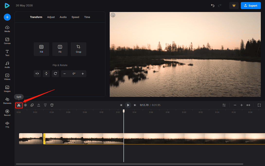Clideo interface showing how to split a video.
