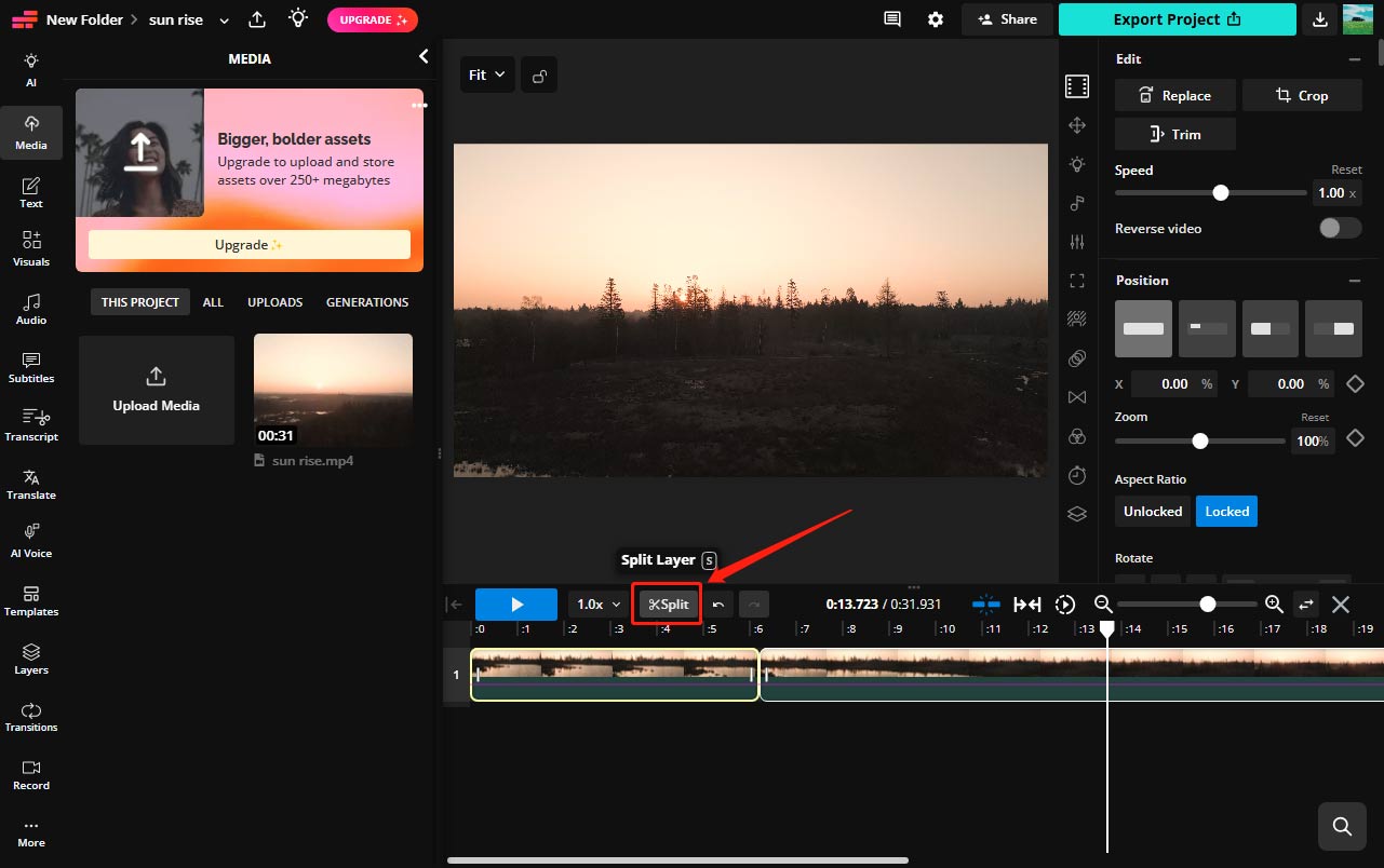 Kapwing interface showing how to split a video.