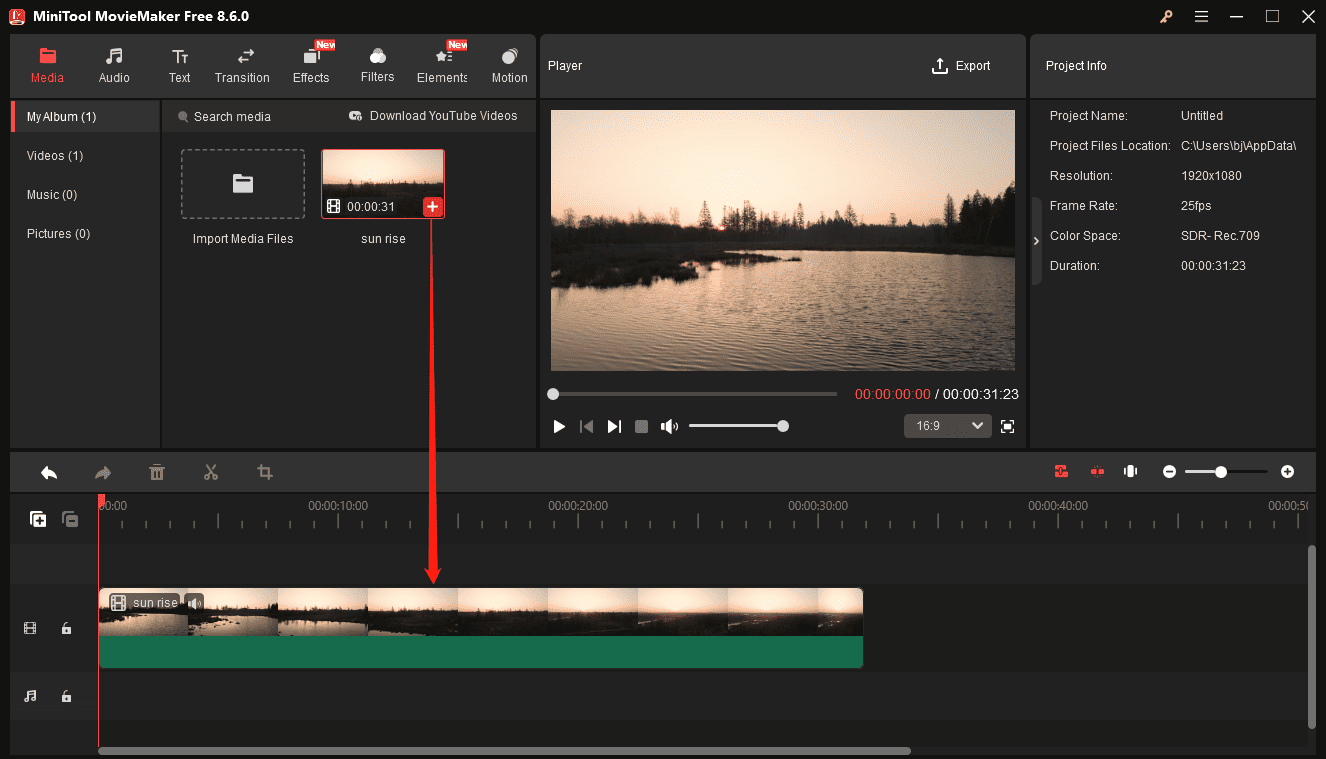 MiniTool MovieMaker interface showing how to add a video to the timeline.