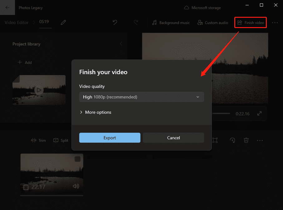 Microsoft Photos Legacy editing interface showing how to export a video.
