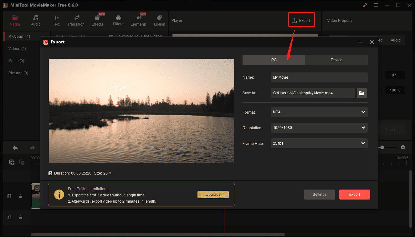 MiniTool MovieMaker interface showing how to export a video.
