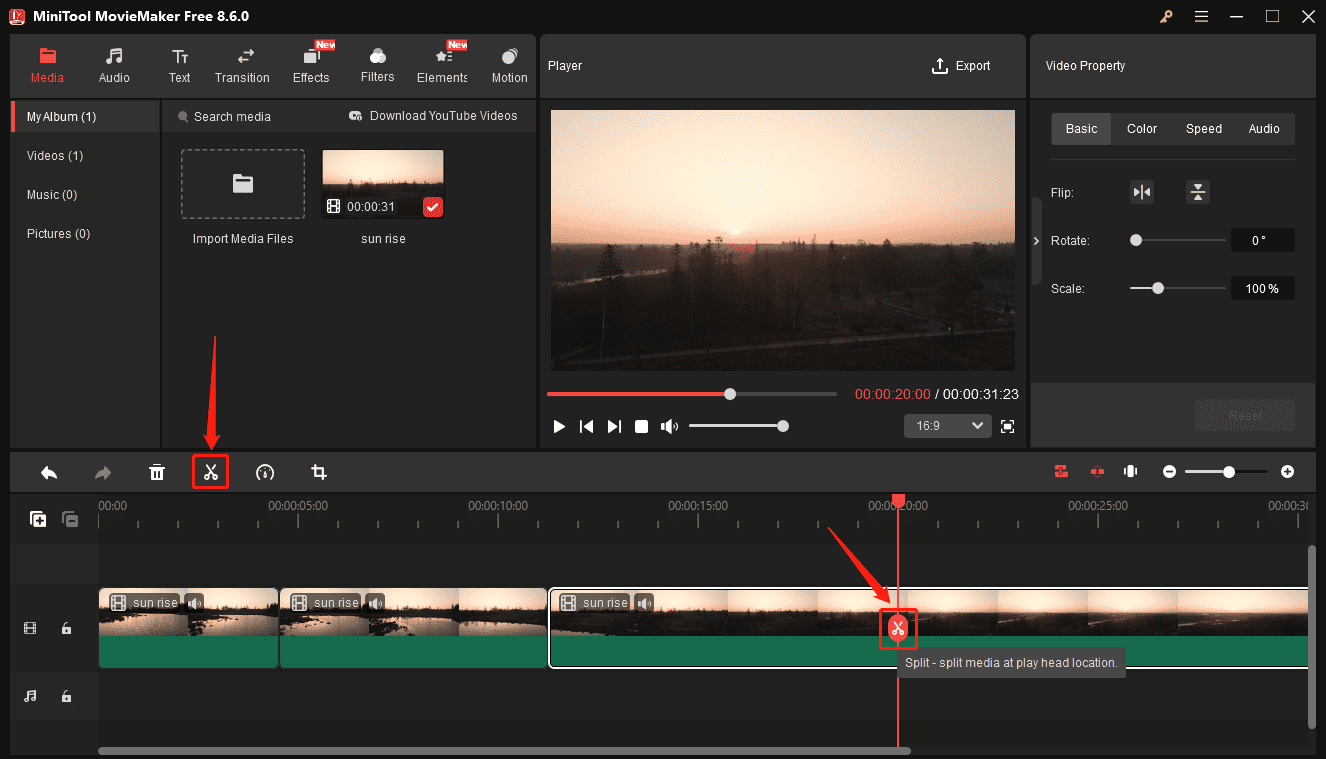 MiniTool MovieMaker interface showing how to split a video into segments.