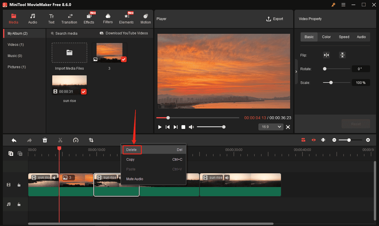 MiniTool MovieMaker interface showing how to delete a clip on the timeline.