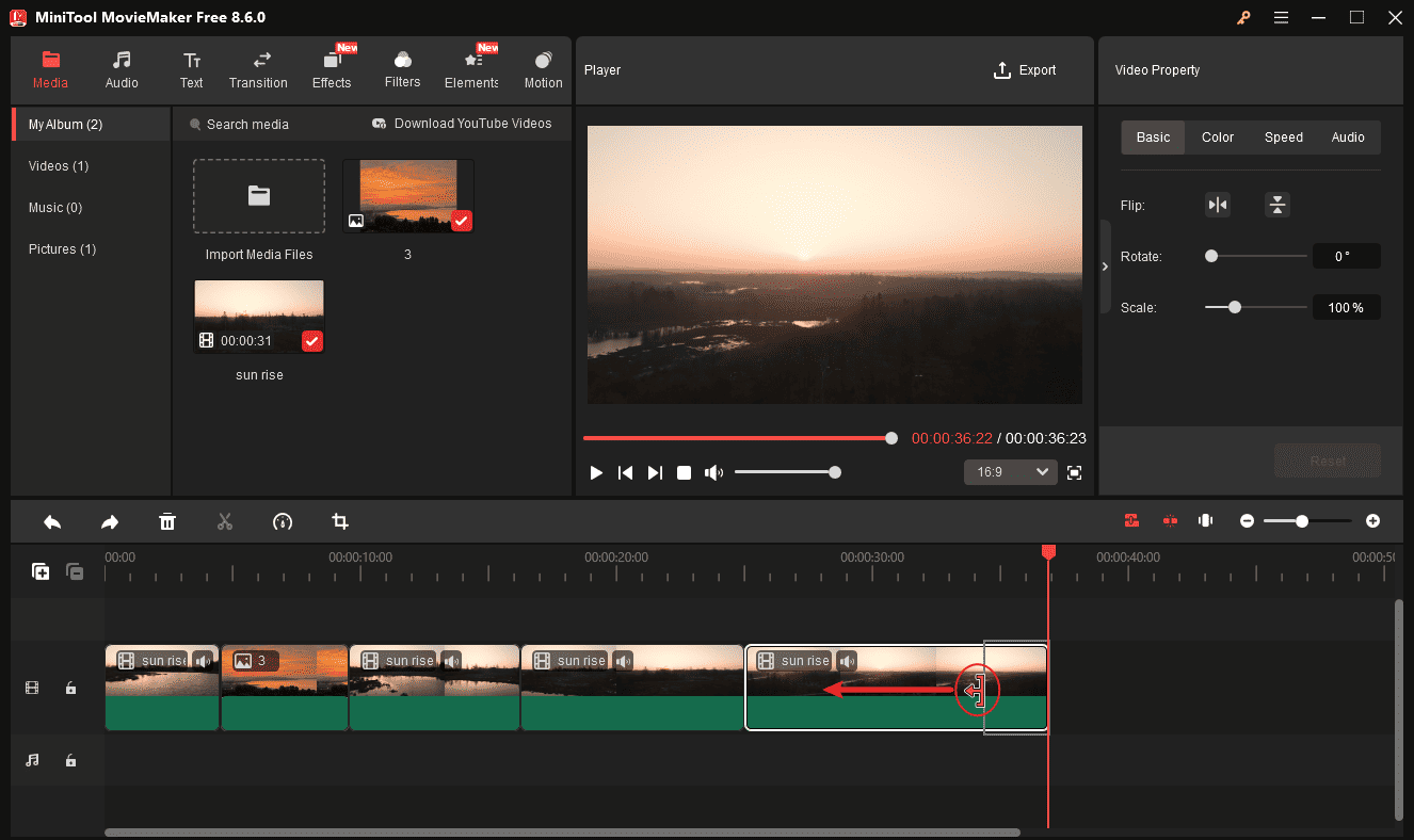 MiniTool MovieMaker interface showing how to trim a video.