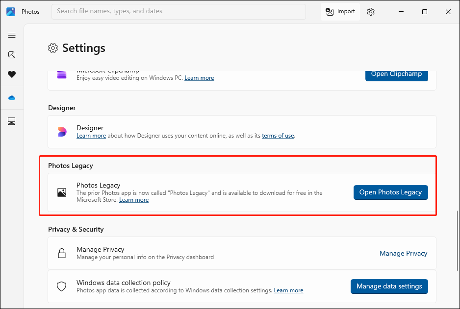 The Photos Legacy section in the Photos Settings.