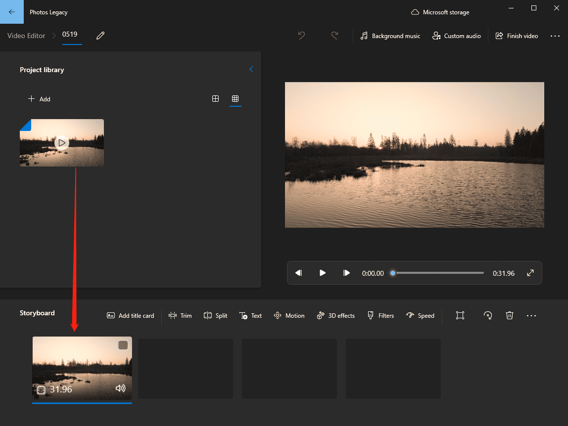 Microsoft Photos Legacy editing interface showing how to add a video to the storyboard.