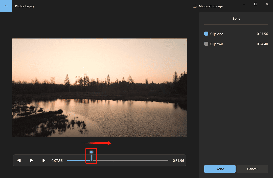 Microsoft Photos Legacy editing interface showing how to split a video.