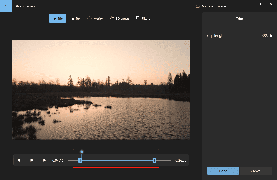 Microsoft Photos Legacy editing interface showing how to trim a video.
