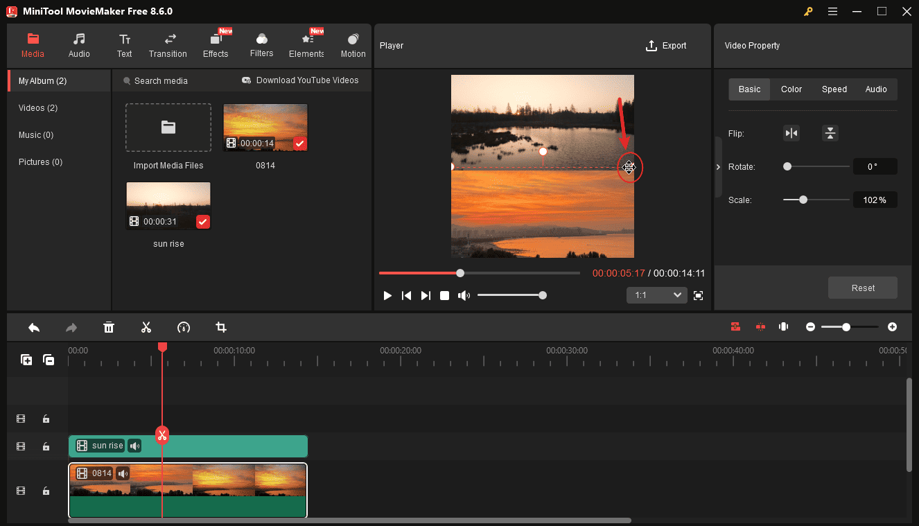 MiniTool MovieMaker interface showing how to scale a video.