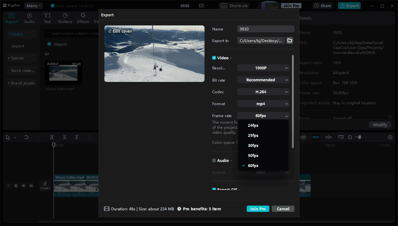 CapCut Export window with the expanded frame rate drop-down list.