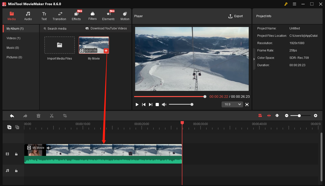 MiniTool MovieMaker interface showing how to add a video to the timeline.