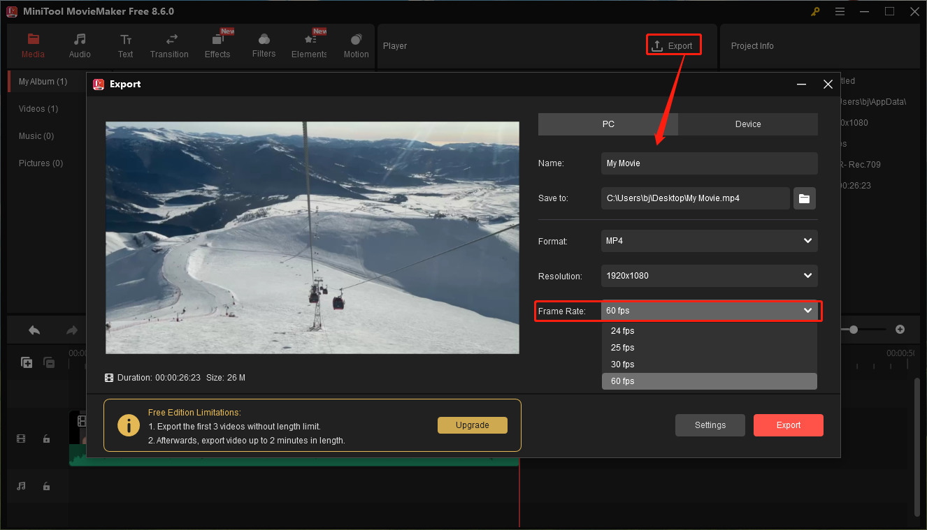 MiniTool MovieMaker interface showing how to set the frame rate to 60FPS.