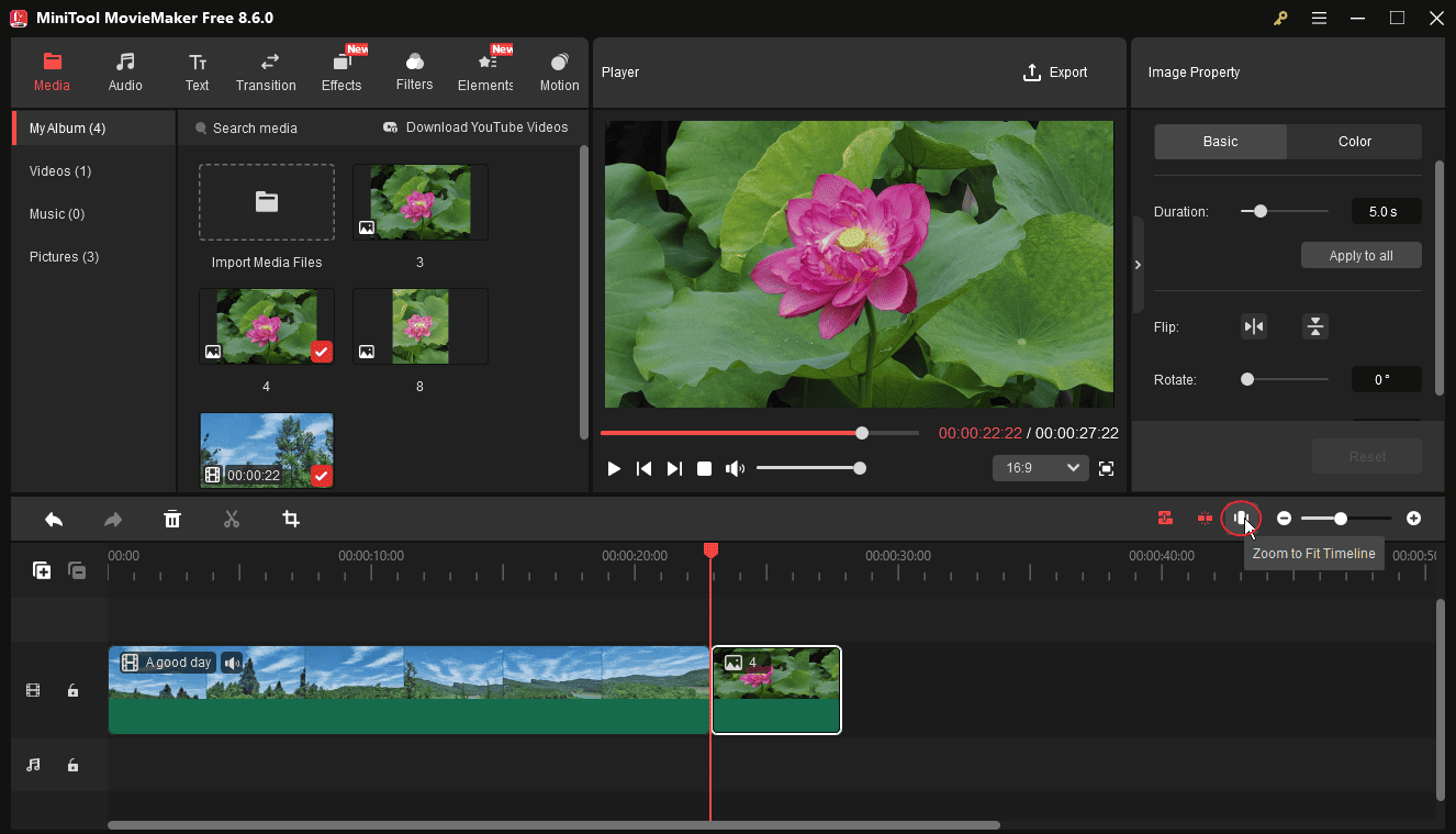 MiniTool MovieMaker interface with the selected Zoom to Fit Timeline icon on the timeline toolbar.