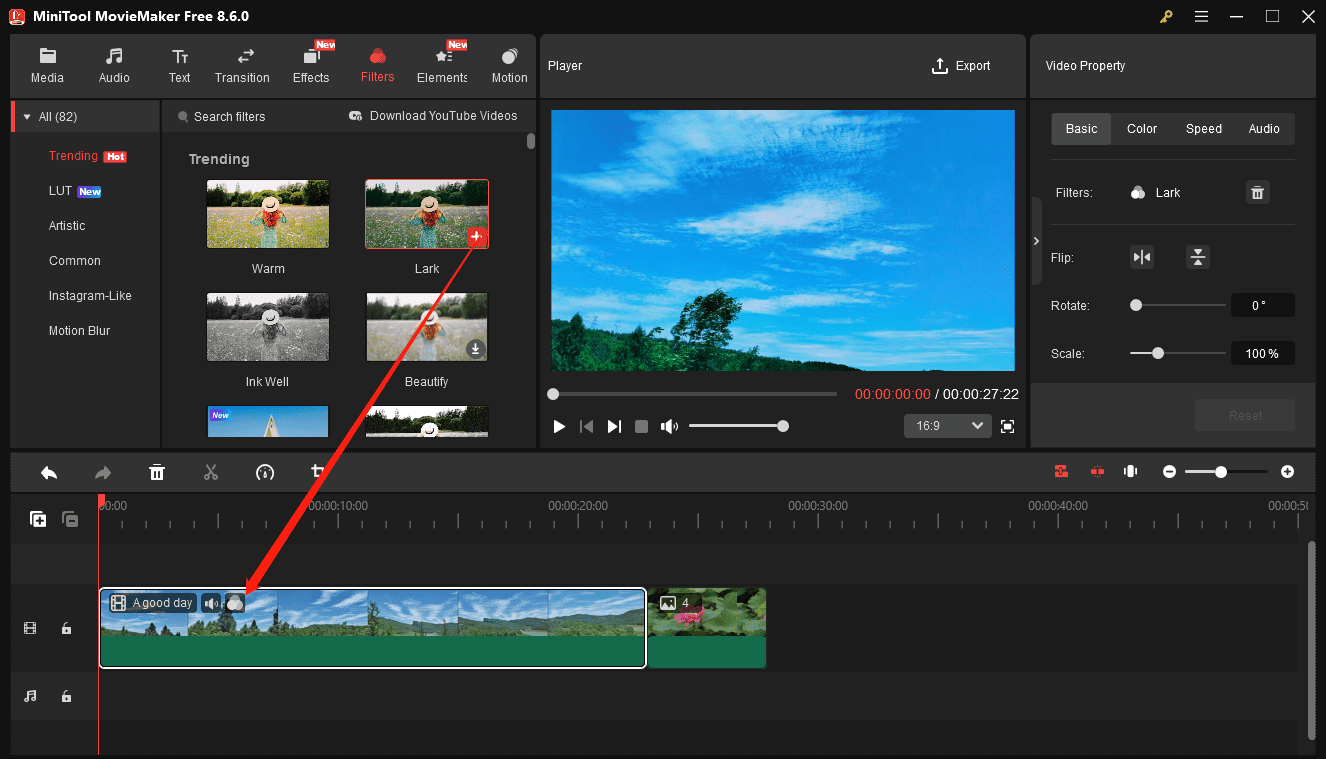 MiniTool MovieMaker interface showing how to add an effect to the video on the timeline.