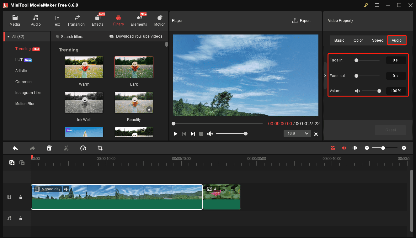 MiniTool MovieMaker interface with the selected Audio tools on the right panel.