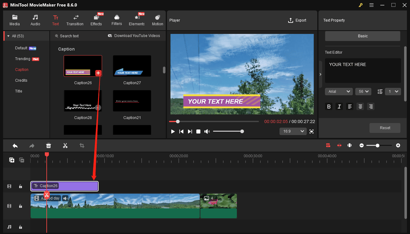 MiniTool MovieMaker interface showing how to add captions to the timeline.