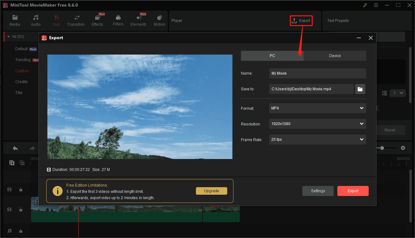 MiniTool MovieMaker interface showing how to open the Export window