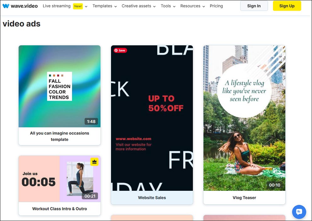 The video ads template page on Wave.video platform.