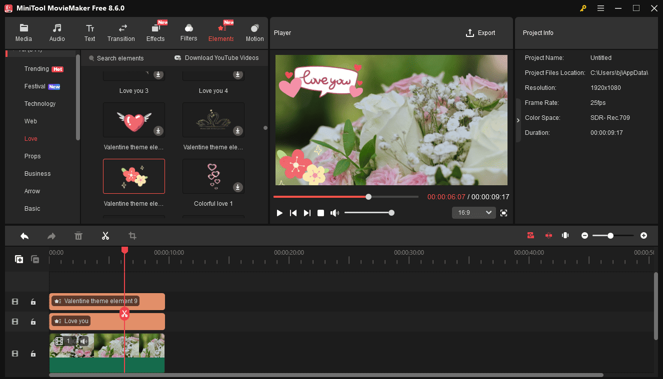 MiniTool MovieMaker interface with an anniversary video on the timeline.