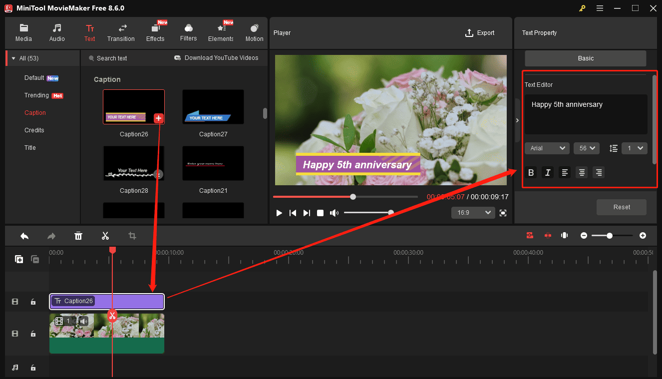 MiniTool MovieMaker interface showing how to add and edit captions for the anniversary video.
