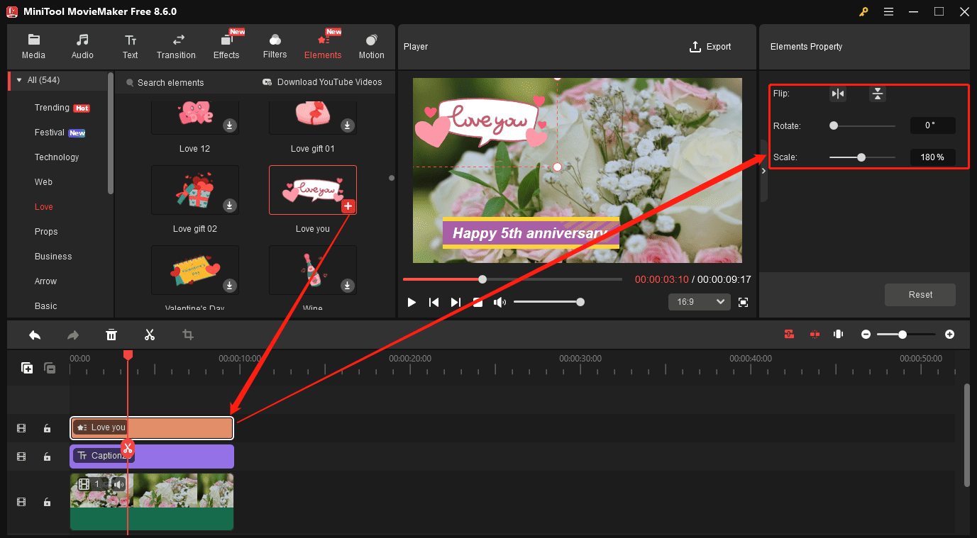 MiniTool MovieMaker interface showing how to add and edit elements for the anniversary video.