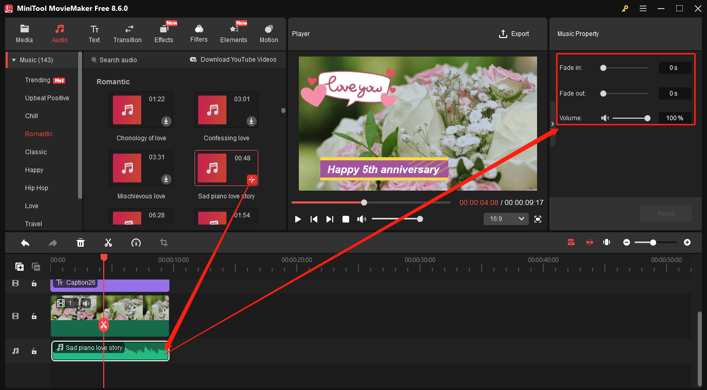 MiniTool MovieMaker interface showing how to add and edit music for the anniversary video.
