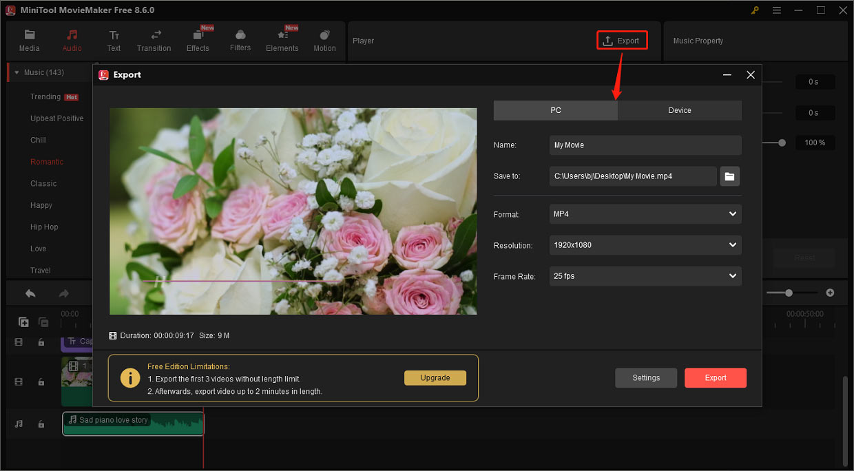 MiniTool MovieMaker interface showing how to export the anniversary video.