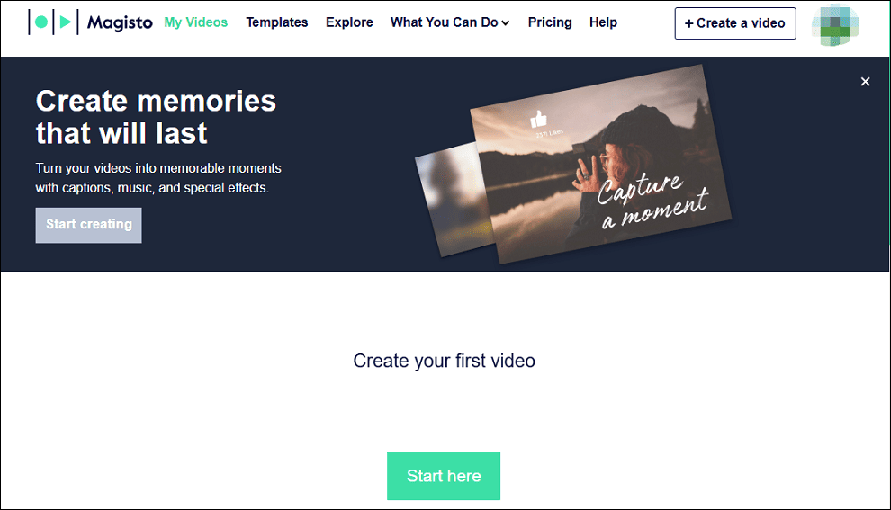 The starting creating video page on Magisto.