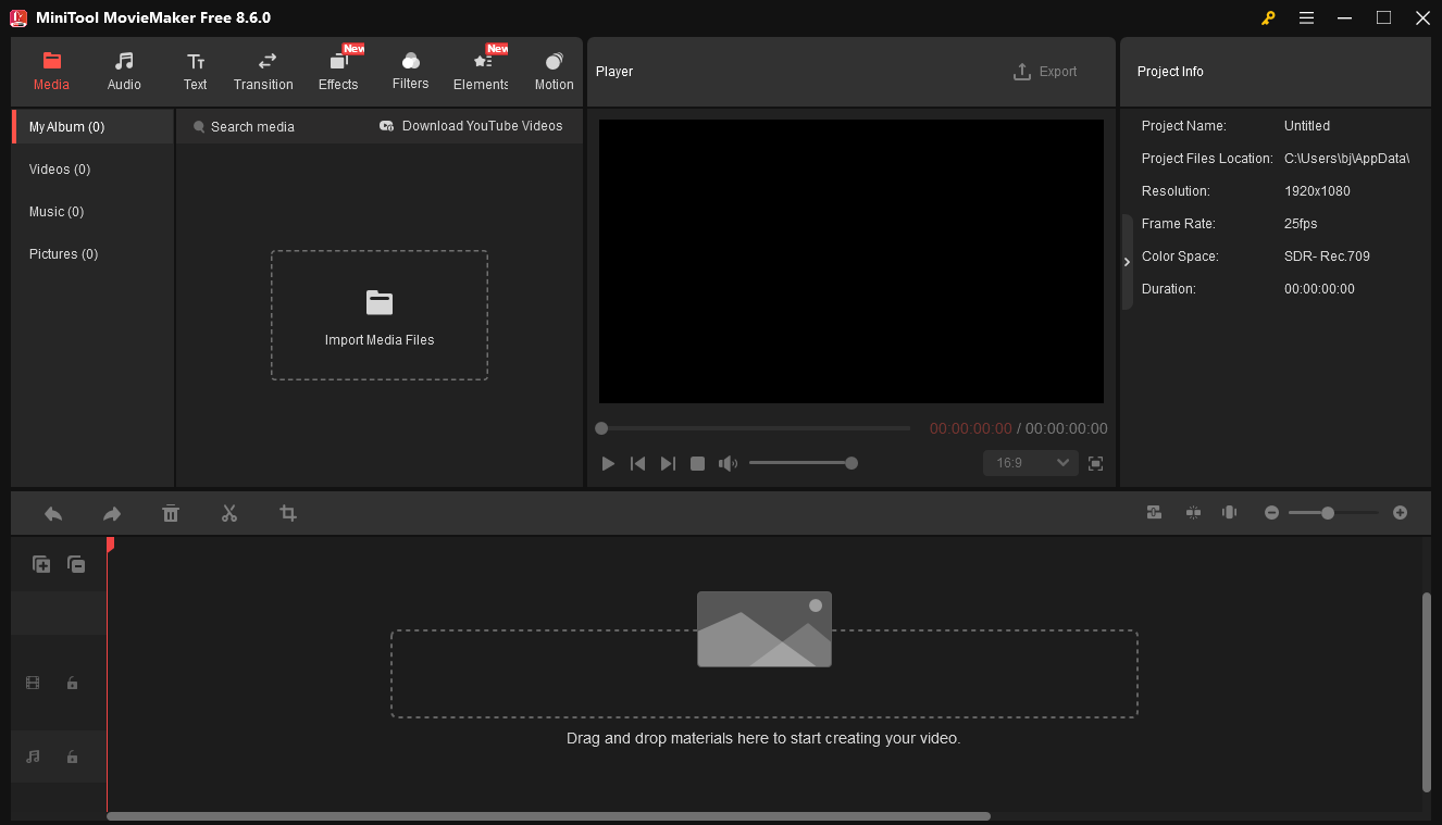 The main editing page of MiniTool MovieMaker.
