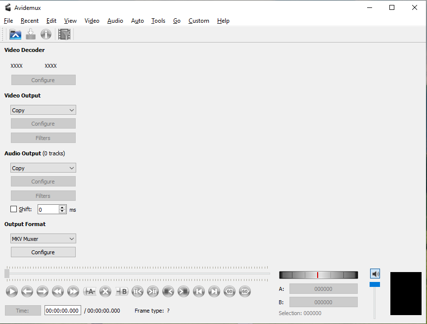 The user interface of Avidemux.